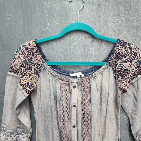 MISS ME CHAMBRAY & LACE KEEPSAKE ROMPER DENIM JUMPSUIT Small Pockets - Picture 3 of 14